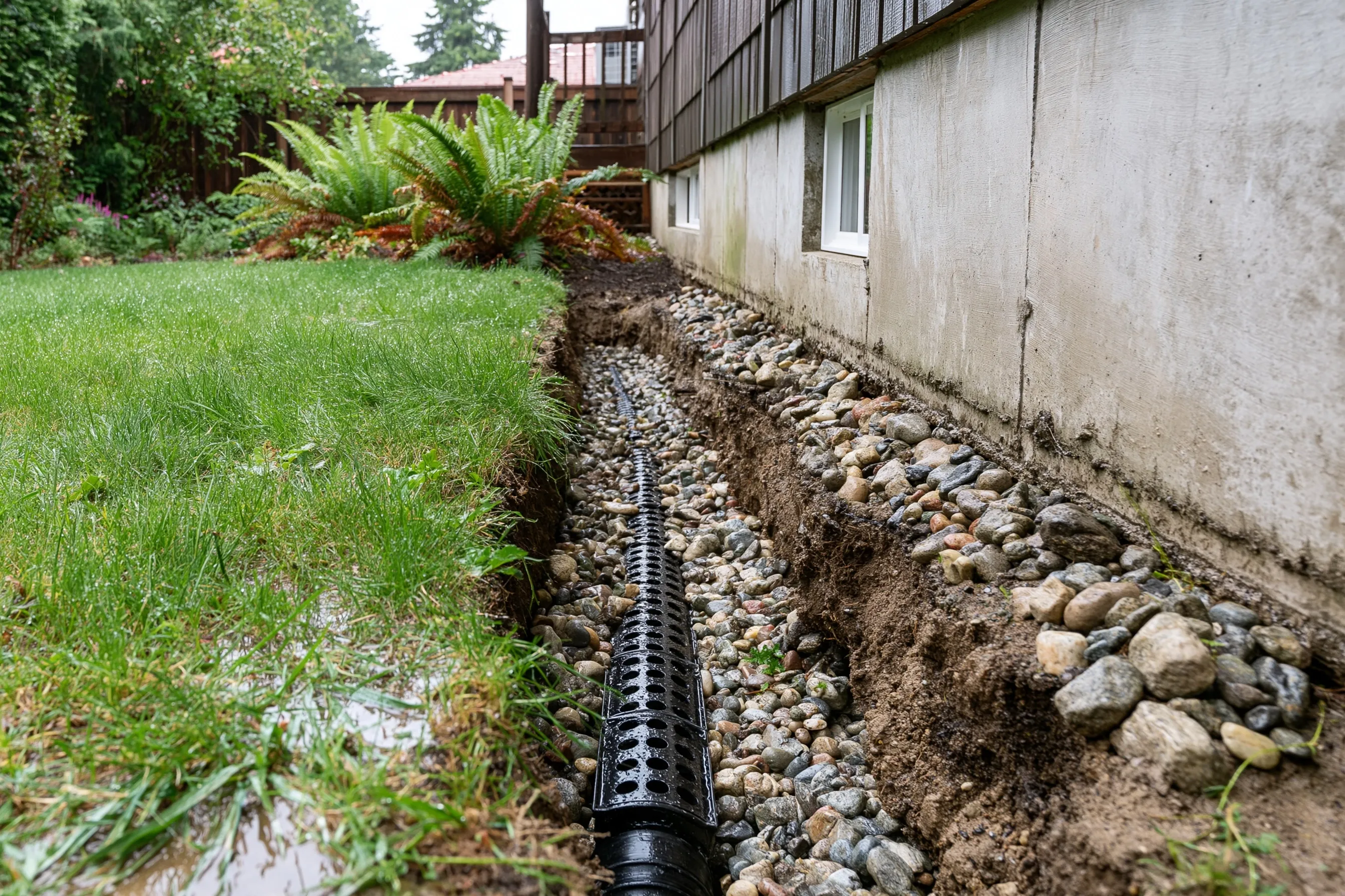Narrow trench along the outside of a concrete foundation wall with a perforated drain pipe laid in washed gravel at footing level, beside a wet lawn and sword ferns