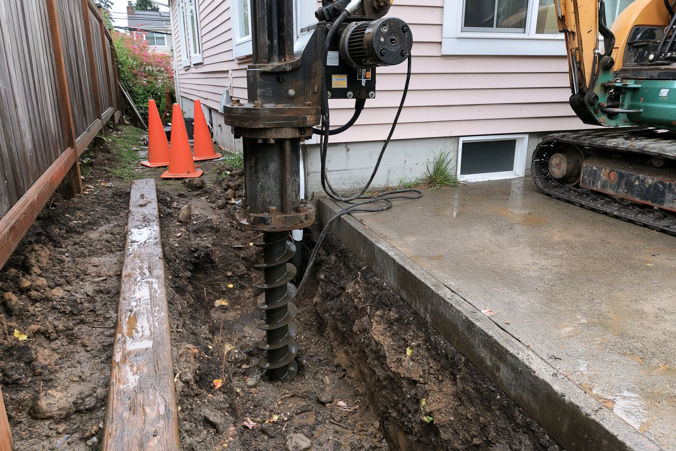 Drive head and torque motor on a small excavator beside a house foundation, with a steel helical shaft being turned into a narrow trench next to the footing